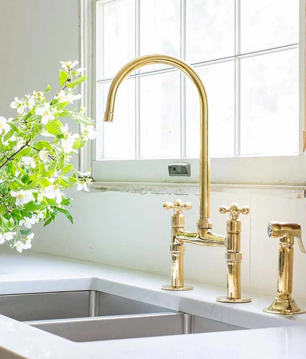 Unlacquered Brass Bridge Faucet, Unlacquered Brass Bridge Faucet with Sprayer (8 inches, With Sprayer)