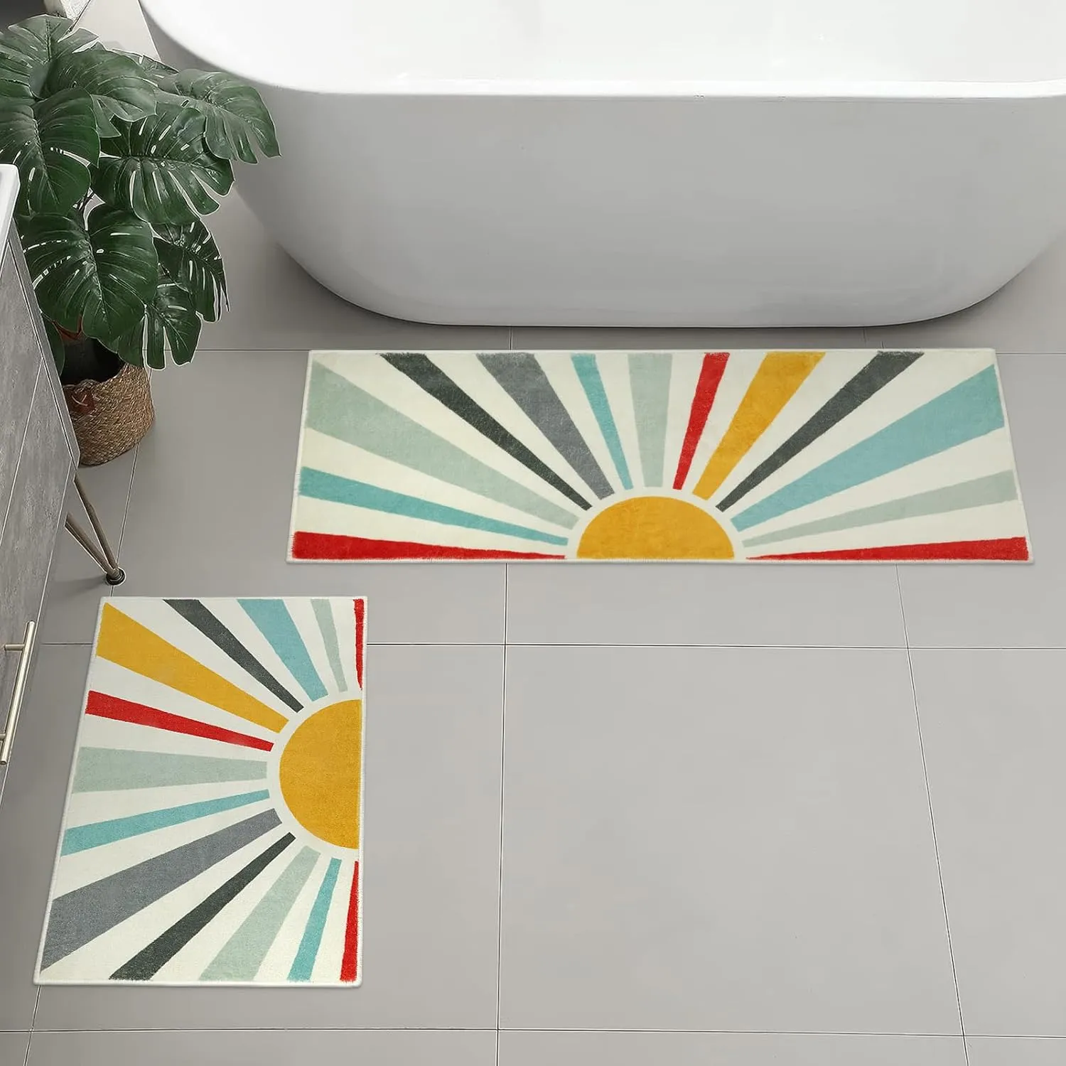 Uphome Boho Bath Mat Set Modern Colorful Sun Bathroom Rug Sets 2 Piece Non-Slip Soft Cute Long Bathroom Rugs Machine Washable Blue Aesthetic Floor Carpet for Shower Vanity Kids Room