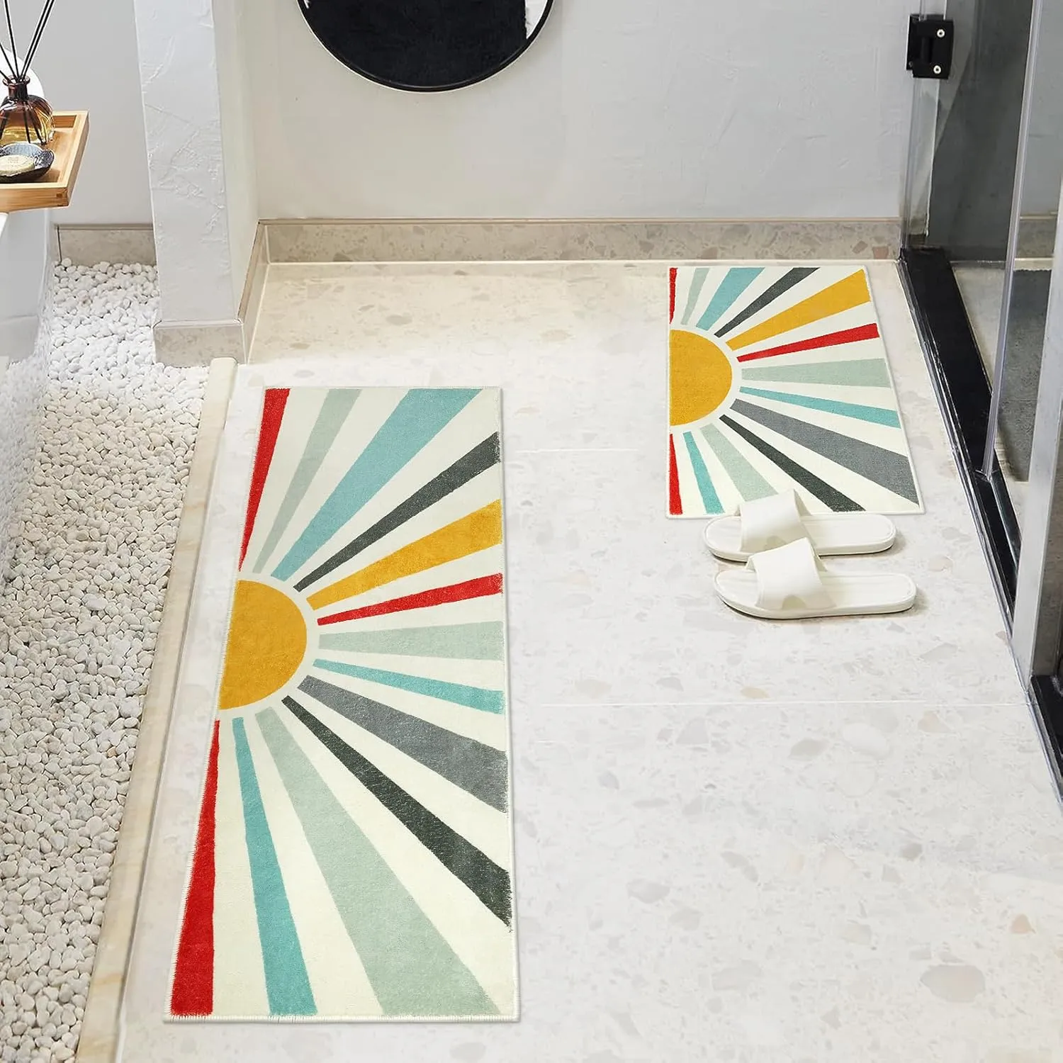 Uphome Boho Bath Mat Set Modern Colorful Sun Bathroom Rug Sets 2 Piece Non-Slip Soft Cute Long Bathroom Rugs Machine Washable Blue Aesthetic Floor Carpet for Shower Vanity Kids Room