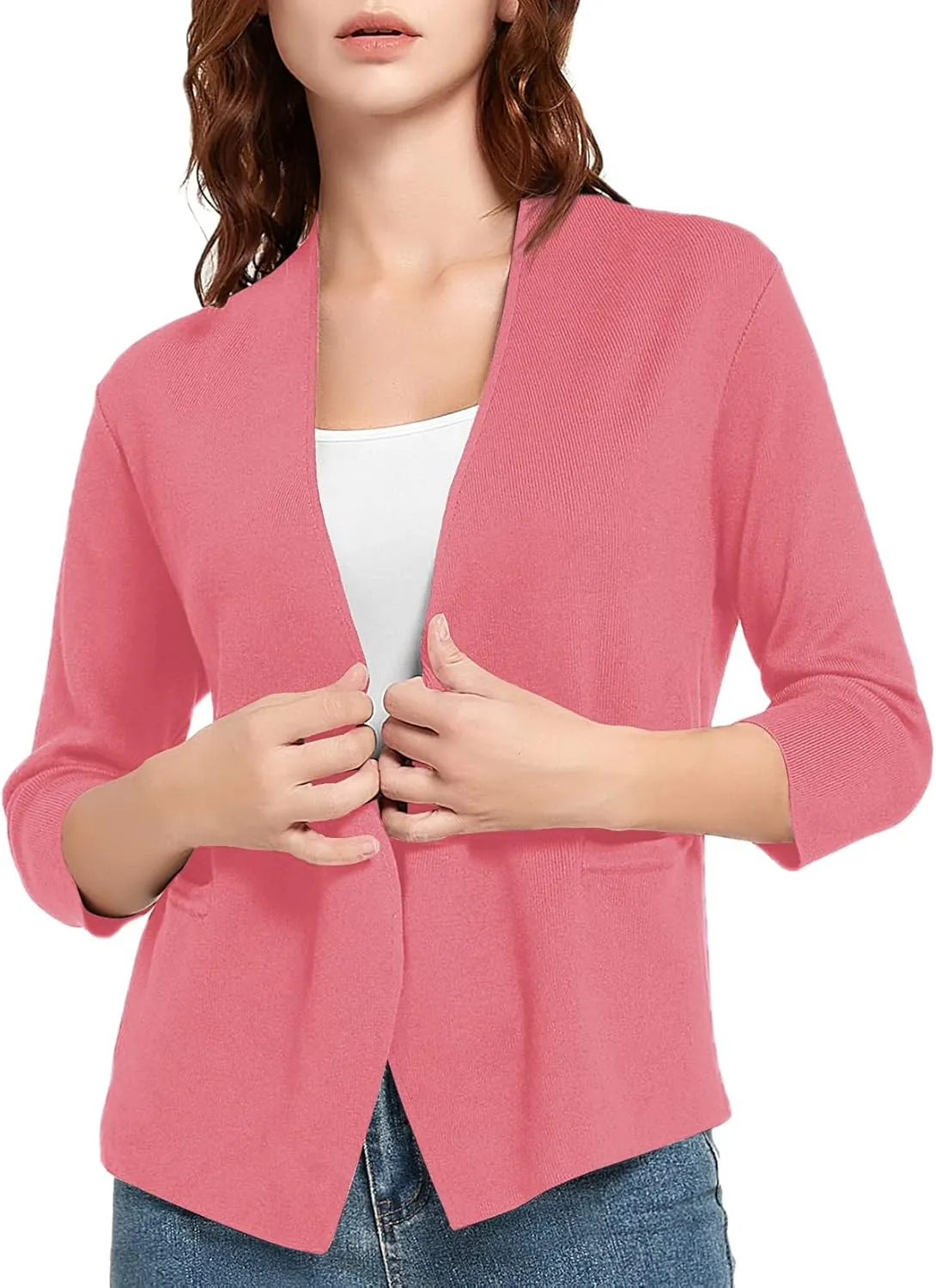Urban CoCo Women's 3/4 Sleeve Cropped Open Front Cardigan Knit Lightweight V Neck Knit Bolero Shrugs with Pockets