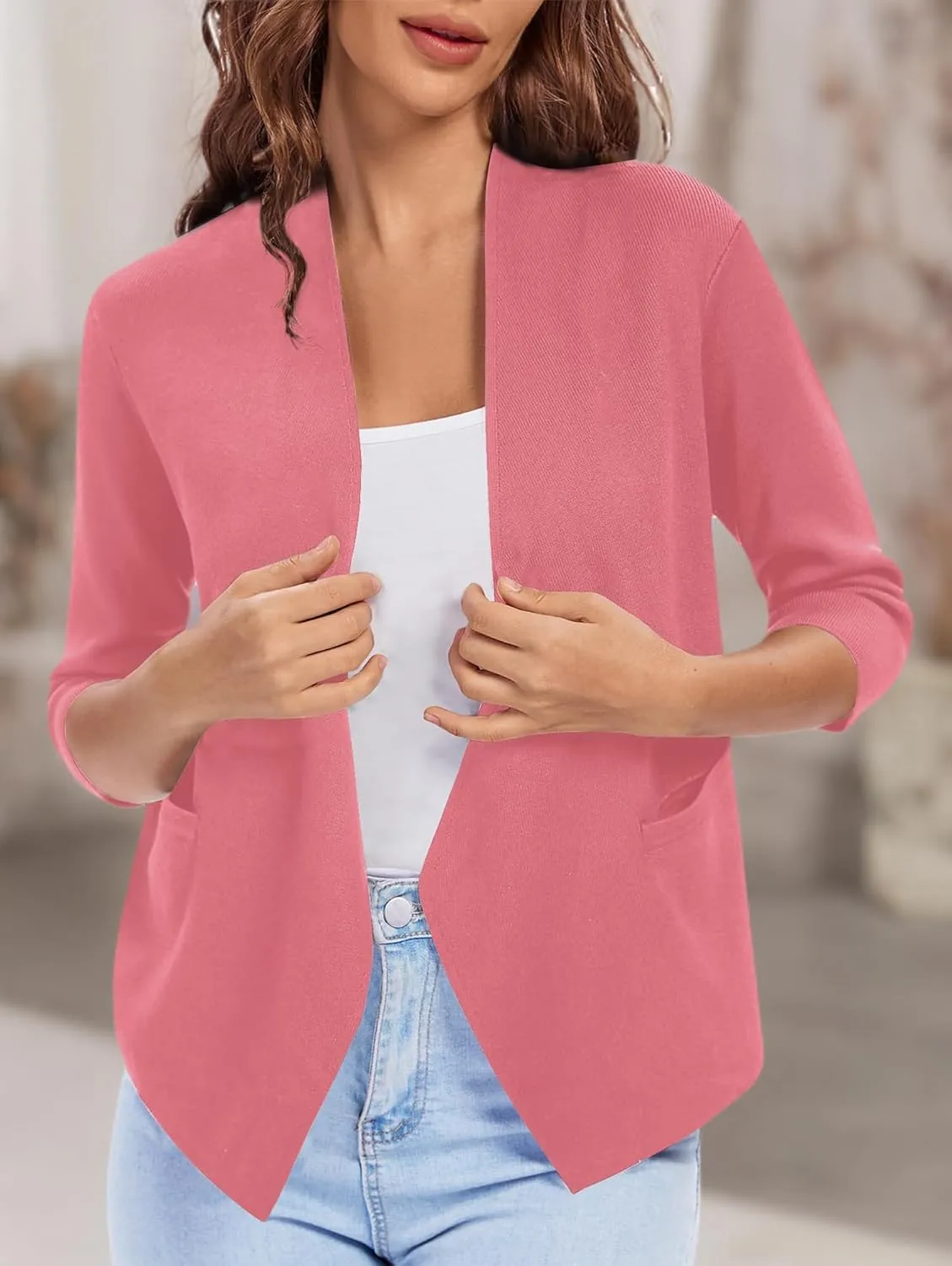 Urban CoCo Women's 3/4 Sleeve Cropped Open Front Cardigan Knit Lightweight V Neck Knit Bolero Shrugs with Pockets