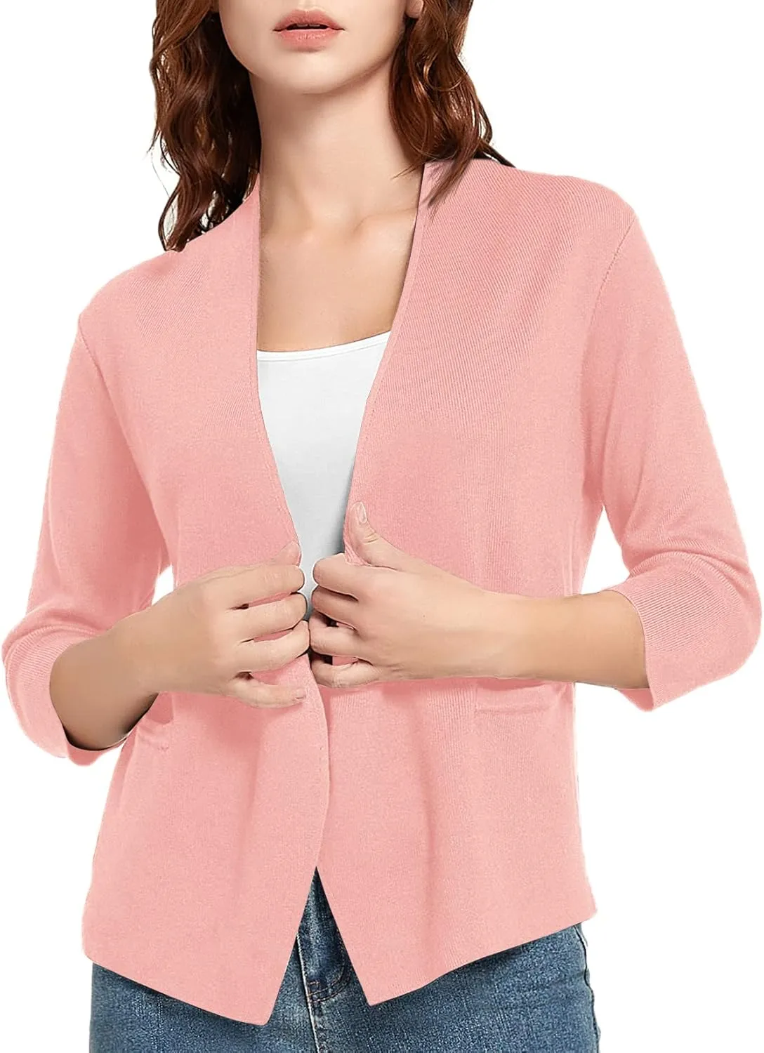 Urban CoCo Women's 3/4 Sleeve Cropped Open Front Cardigan Knit Lightweight V Neck Knit Bolero Shrugs with Pockets