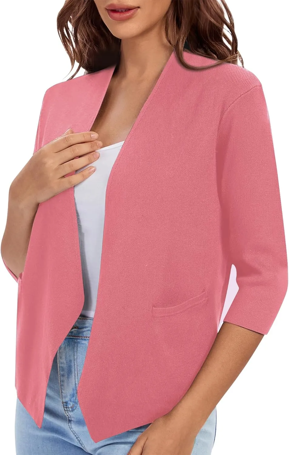 Urban CoCo Women's 3/4 Sleeve Cropped Open Front Cardigan Knit Lightweight V Neck Knit Bolero Shrugs with Pockets
