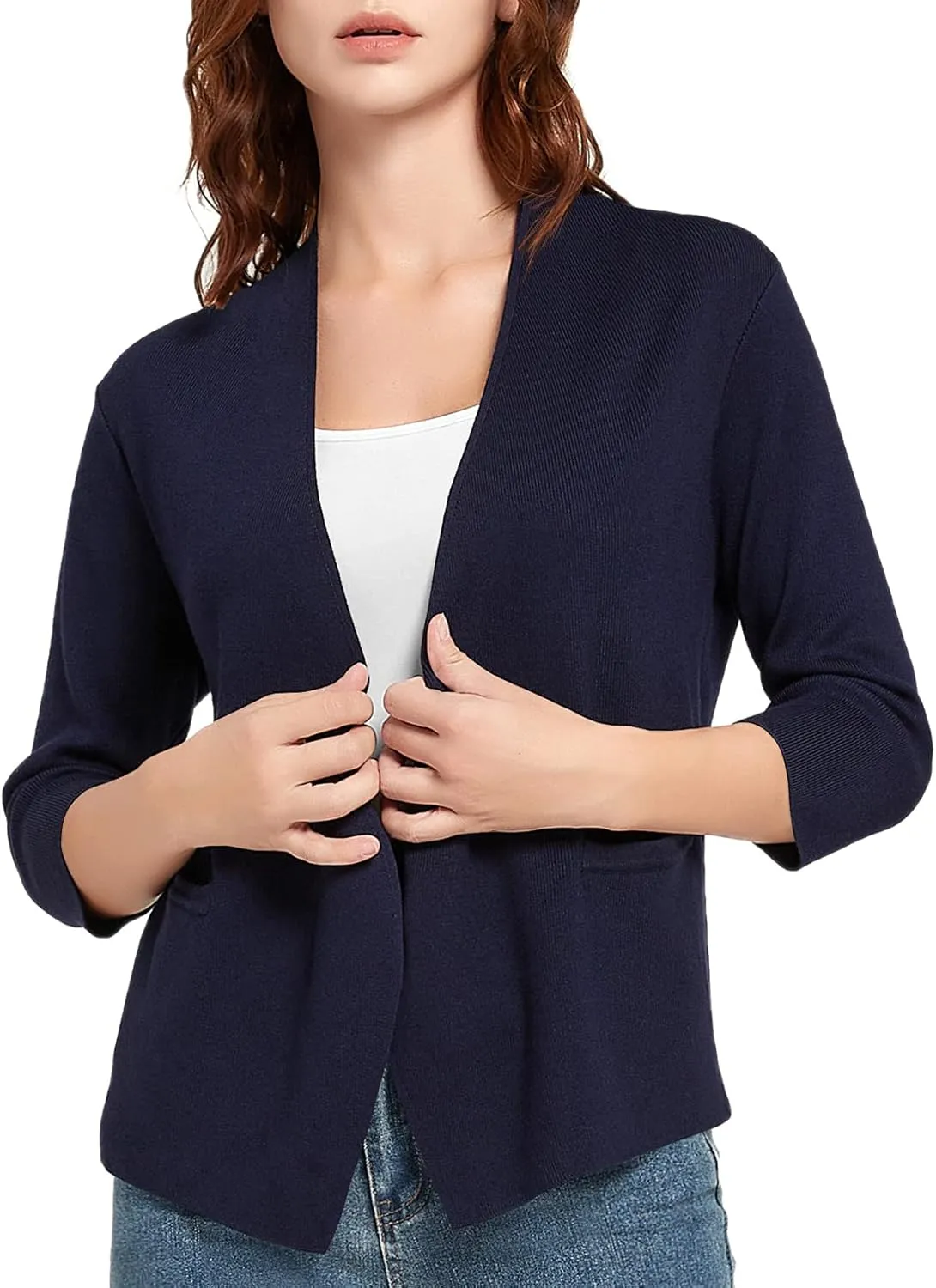 Urban CoCo Women's 3/4 Sleeve Cropped Open Front Cardigan Knit Lightweight V Neck Knit Bolero Shrugs with Pockets