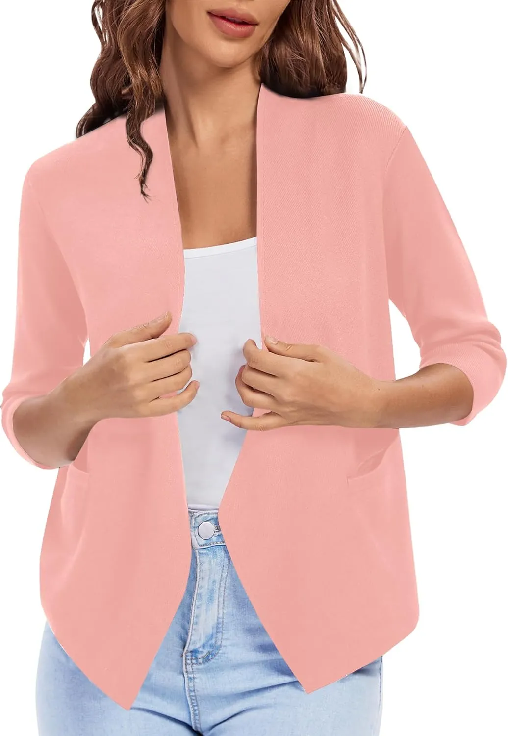 Urban CoCo Women's 3/4 Sleeve Cropped Open Front Cardigan Knit Lightweight V Neck Knit Bolero Shrugs with Pockets
