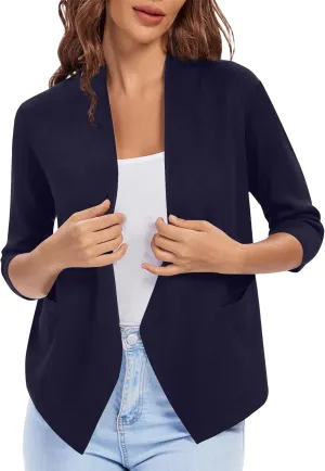 Urban CoCo Women's 3/4 Sleeve Cropped Open Front Cardigan Knit Lightweight V Neck Knit Bolero Shrugs with Pockets