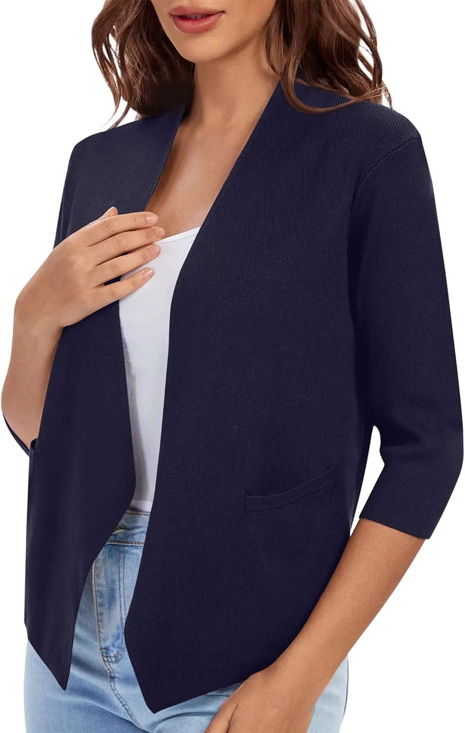 Urban CoCo Women's 3/4 Sleeve Cropped Open Front Cardigan Knit Lightweight V Neck Knit Bolero Shrugs with Pockets