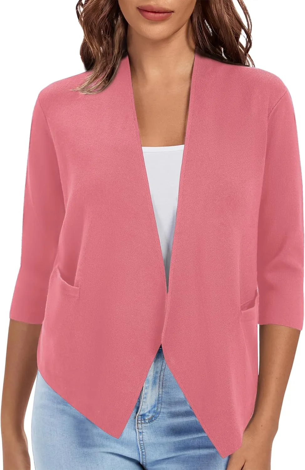 Urban CoCo Women's 3/4 Sleeve Cropped Open Front Cardigan Knit Lightweight V Neck Knit Bolero Shrugs with Pockets