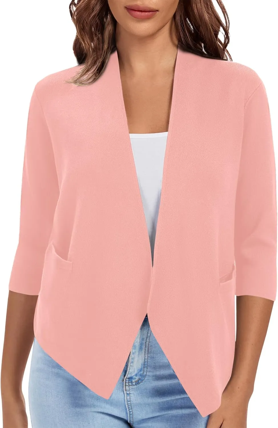 Urban CoCo Women's 3/4 Sleeve Cropped Open Front Cardigan Knit Lightweight V Neck Knit Bolero Shrugs with Pockets