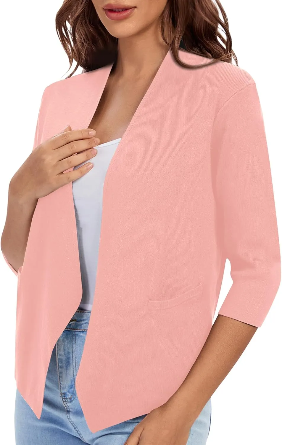 Urban CoCo Women's 3/4 Sleeve Cropped Open Front Cardigan Knit Lightweight V Neck Knit Bolero Shrugs with Pockets