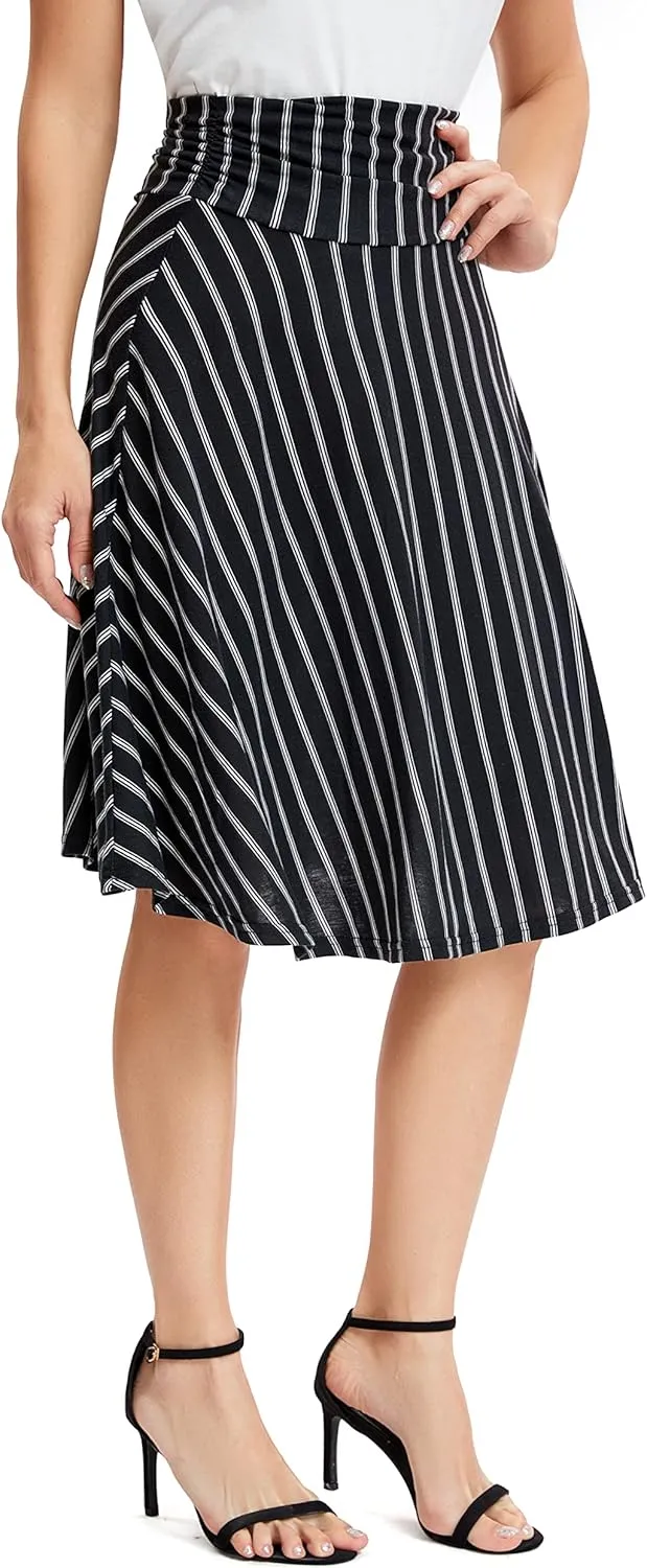 Urban CoCo Women's Ruched High Waist Knee Length Jersey A-Line Stretchy Flared Casual Skirt