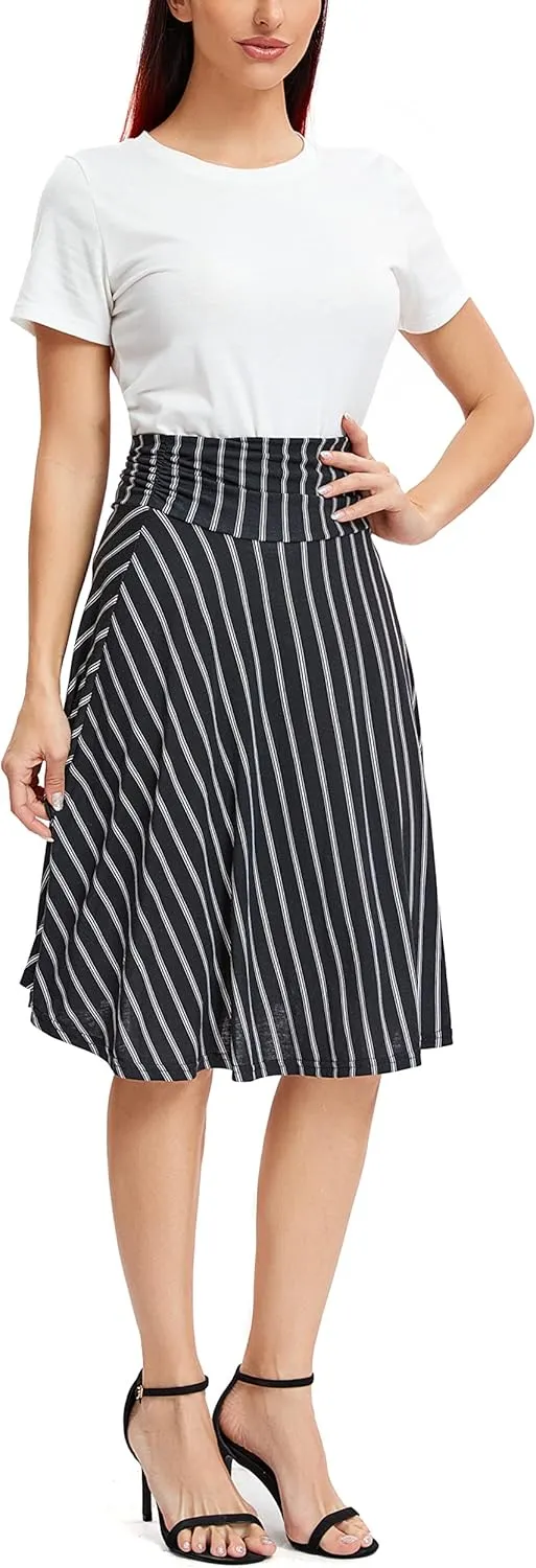 Urban CoCo Women's Ruched High Waist Knee Length Jersey A-Line Stretchy Flared Casual Skirt