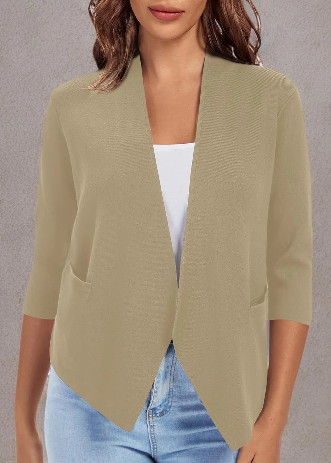Urban CoCo Women's 3/4 Sleeve Cropped Open Front Cardigan Knit Lightweight V Neck Knit Bolero Shrugs with Pockets