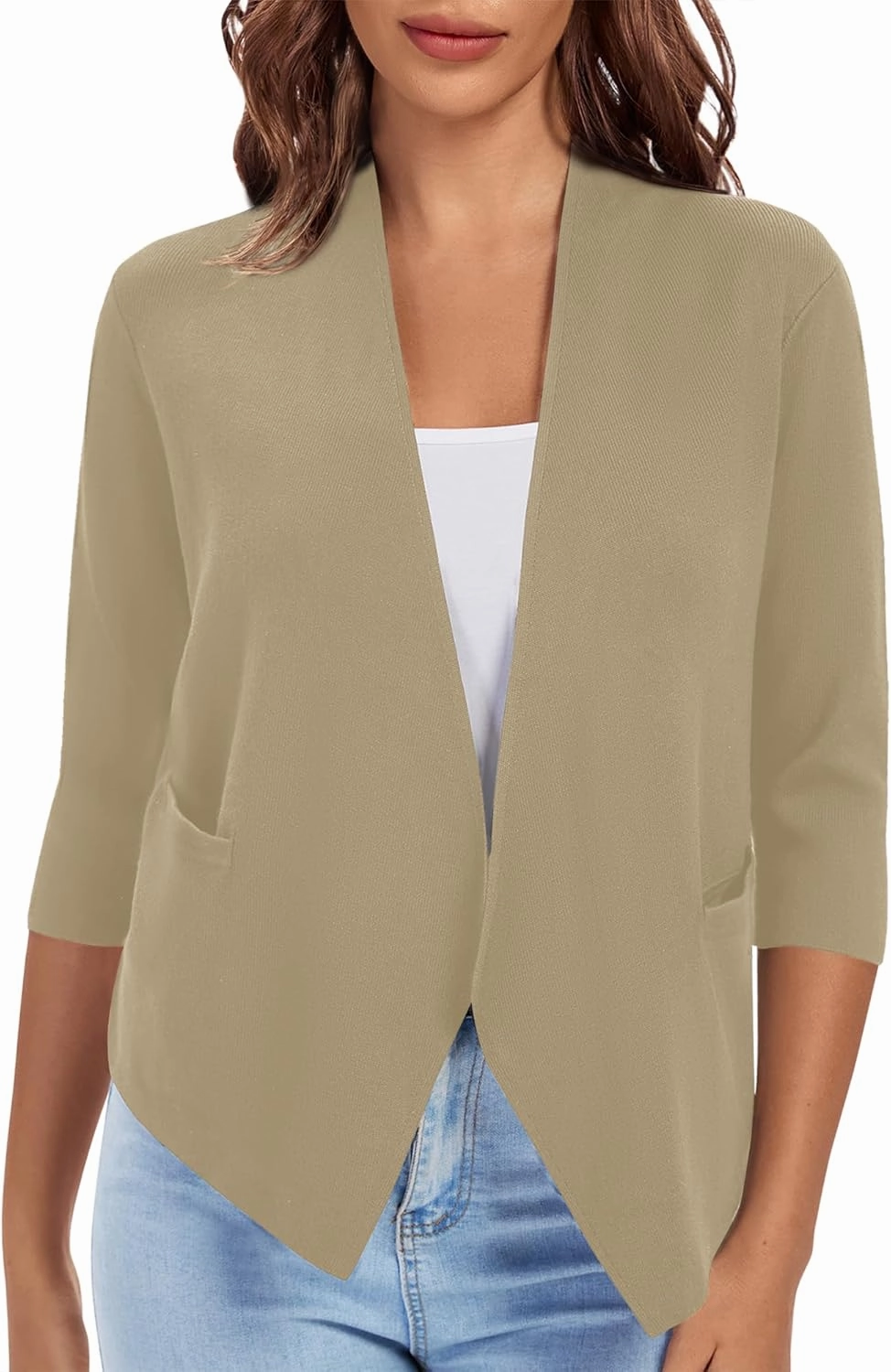 Urban CoCo Women's 3/4 Sleeve Cropped Open Front Cardigan Knit Lightweight V Neck Knit Bolero Shrugs with Pockets