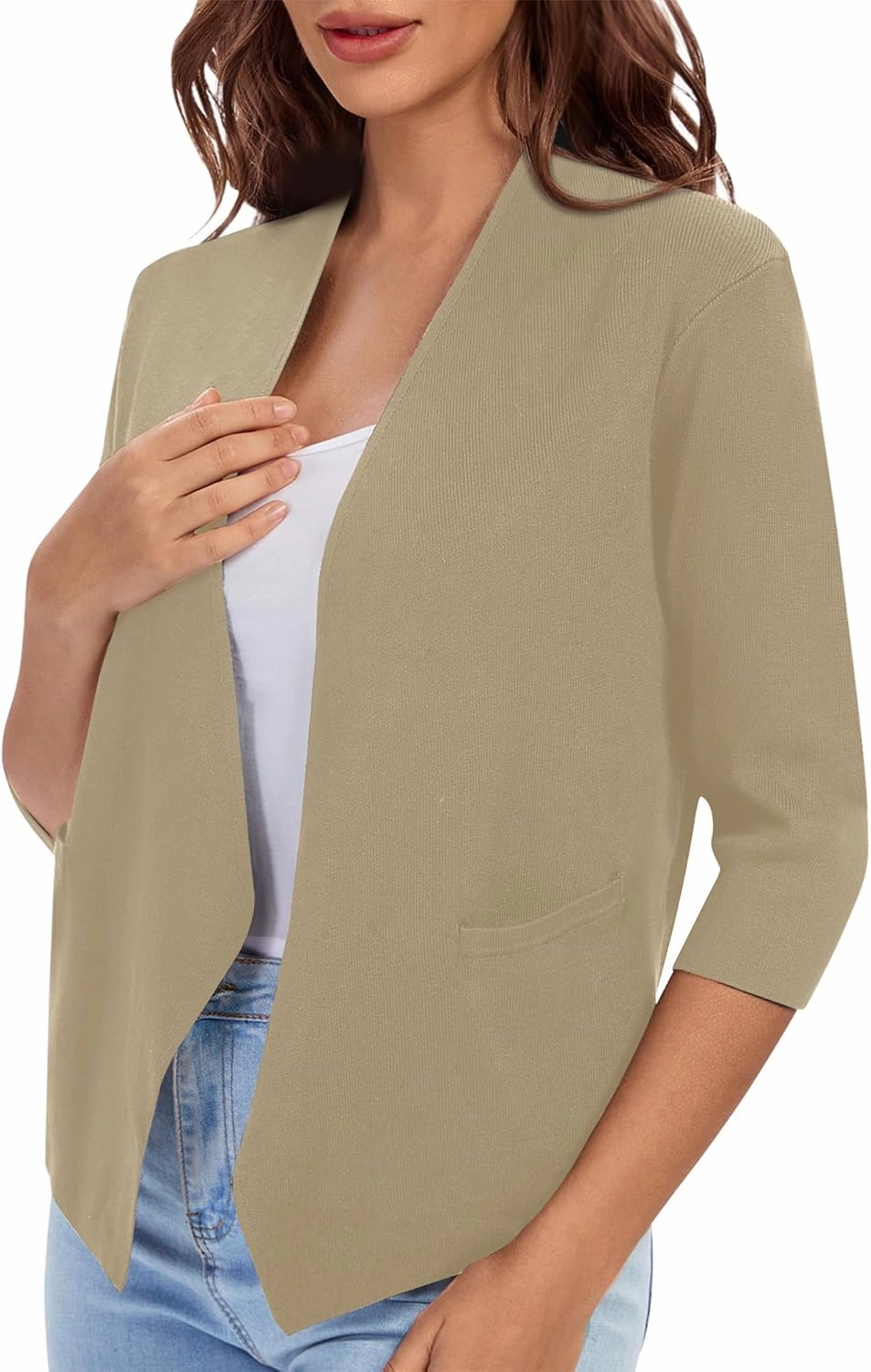 Urban CoCo Women's 3/4 Sleeve Cropped Open Front Cardigan Knit Lightweight V Neck Knit Bolero Shrugs with Pockets