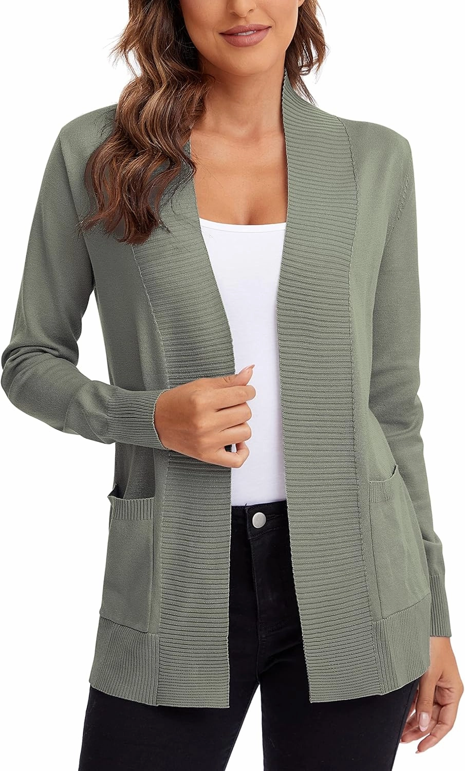 Urban CoCo Women's Lightweight Open Front Knit Cardigan Sweater Long Sleeve with Pocket