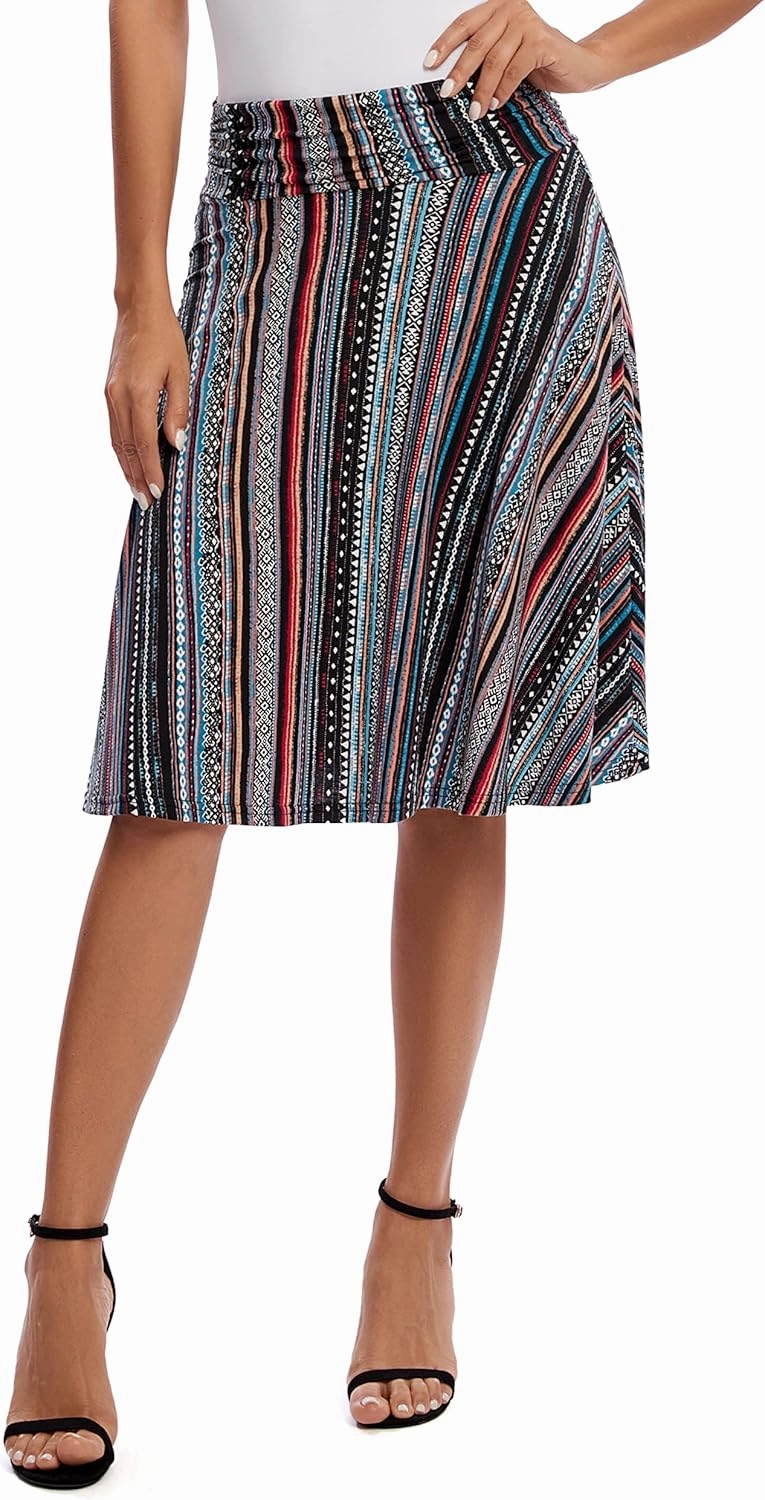 Urban CoCo Women's Ruched High Waist Knee Length Jersey A-Line Stretchy Flared Casual Skirt
