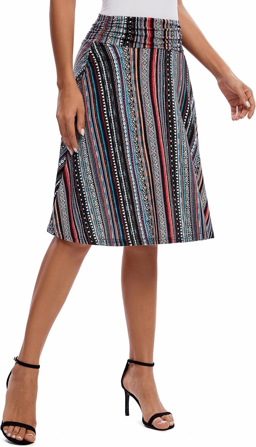 Urban CoCo Women's Ruched High Waist Knee Length Jersey A-Line Stretchy Flared Casual Skirt