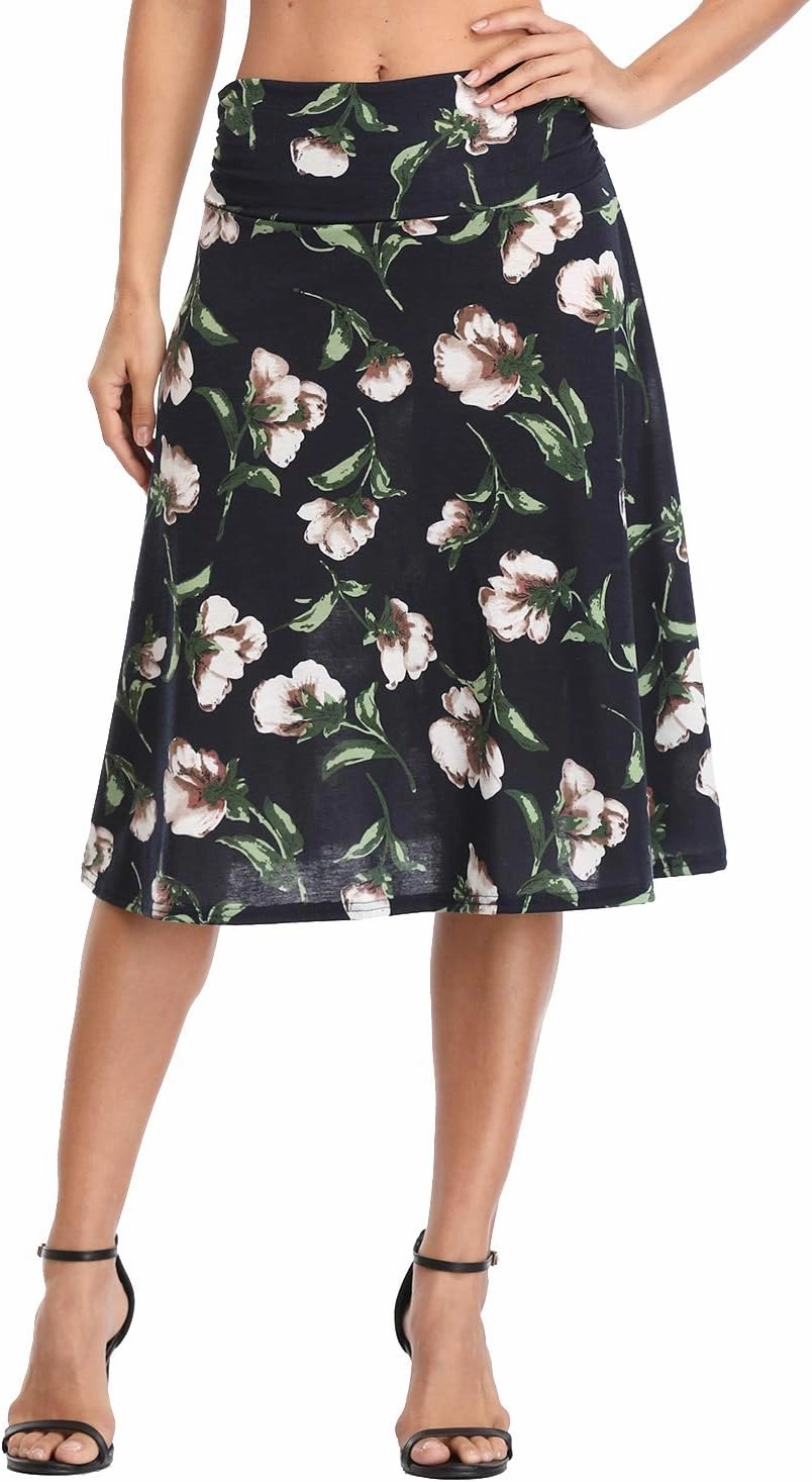 Urban CoCo Women's Ruched High Waist Knee Length Jersey A-Line Stretchy Flared Casual Skirt