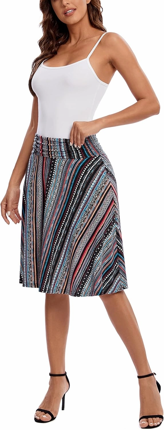 Urban CoCo Women's Ruched High Waist Knee Length Jersey A-Line Stretchy Flared Casual Skirt