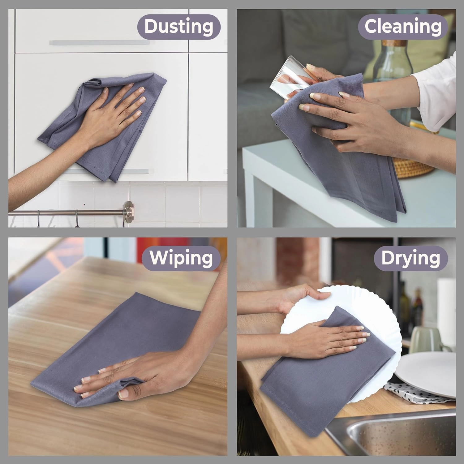 Urban Villa Premium Quality 100% Cotton Solid Kitchen Towels Set of 6 Ultra Soft Size 20x30 Inches Grey Color Highly Absorbent