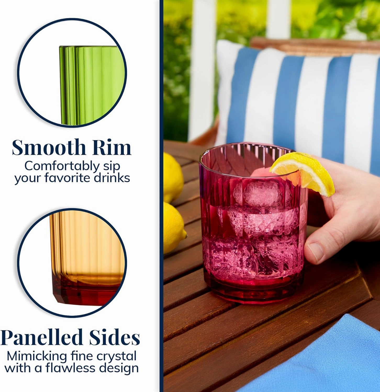 US Acrylic Faceted Plastic Reusable Drinking Glasses (Set of 6) 14oz Rocks Cups Assorted Colors | BPA-Free Tumblers, Made in USA | Top-Rack Dishwasher Safe