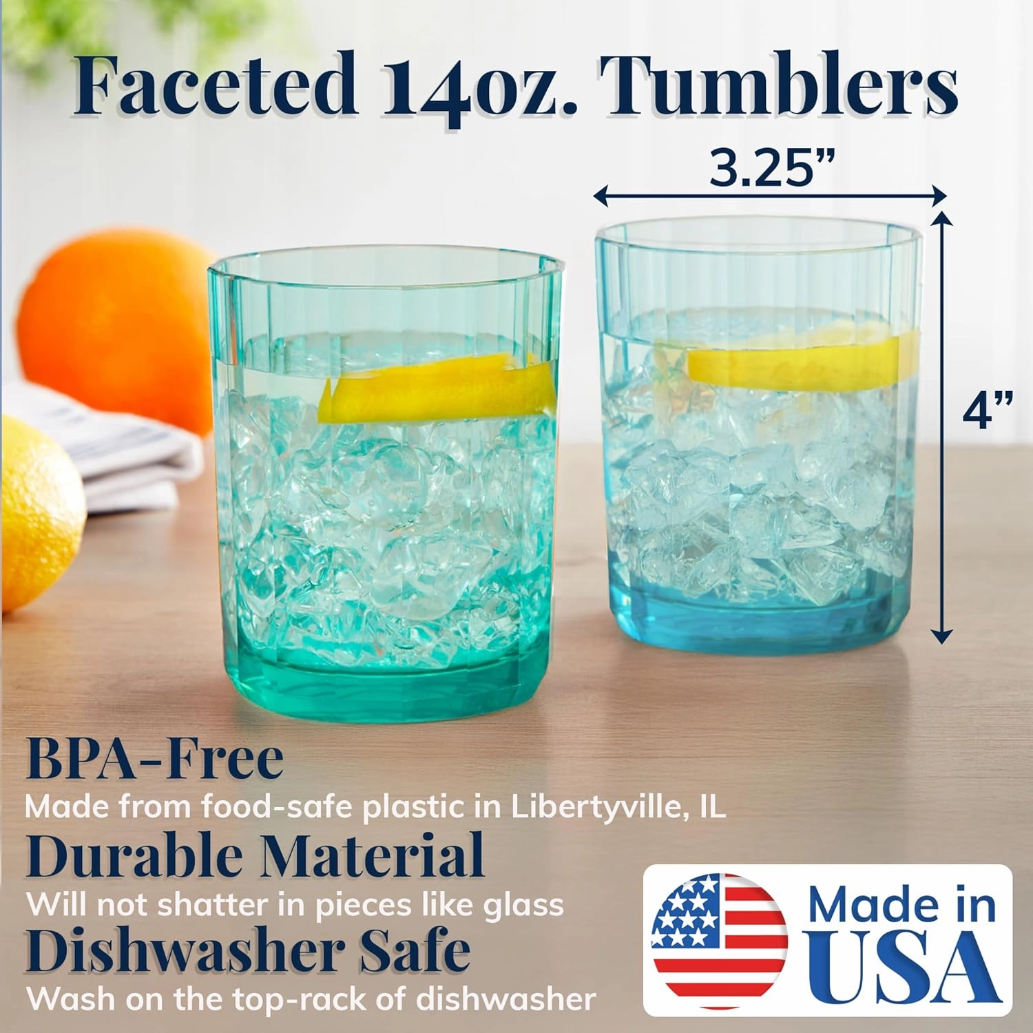 US Acrylic Faceted Plastic Reusable Drinking Glasses (Set of 6) 14oz Rocks Cups Assorted Colors | BPA-Free Tumblers, Made in USA | Top-Rack Dishwasher Safe