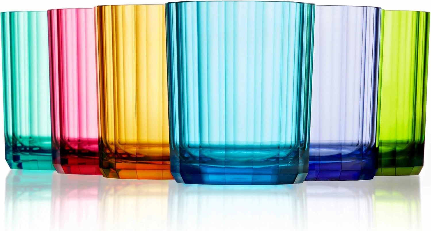 US Acrylic Faceted Plastic Reusable Drinking Glasses (Set of 6) 14oz Rocks Cups Assorted Colors | BPA-Free Tumblers, Made in USA | Top-Rack Dishwasher Safe