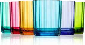US Acrylic Faceted Plastic Reusable Drinking Glasses (Set of 6) 14oz Rocks Cups Assorted Colors | BPA-Free Tumblers, Made in USA | Top-Rack Dishwasher Safe