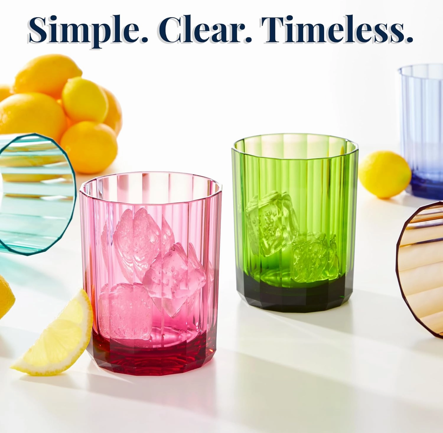 US Acrylic Faceted Plastic Reusable Drinking Glasses (Set of 6) 14oz Rocks Cups Assorted Colors | BPA-Free Tumblers, Made in USA | Top-Rack Dishwasher Safe