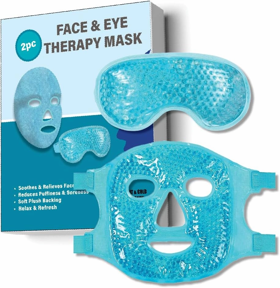 USA Merchant - 2PCs Cold & Hot Face and Eye Gel Mask, Reduce Puffiness, Dark Circles, Swelling, Headache, Skin Care Reusable Reversible Cooling and Hot Mask (Eye & Face Mask Blue)