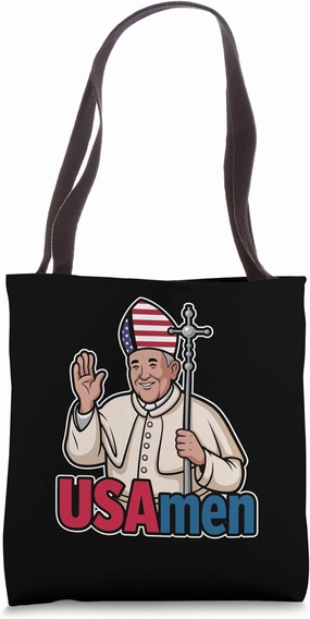 USAmen Cartoon Patriotic Pope Funny Religious Humor Satire Tote Bag