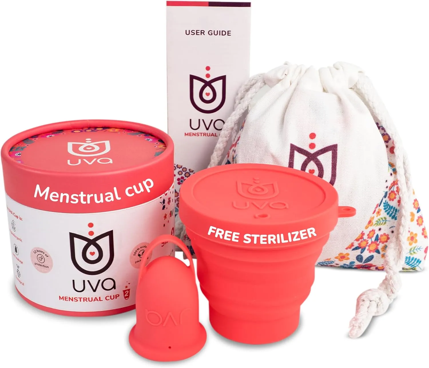 UVA 2 Reusable Menstrual Cup Kit - Size A for Moderate Flow - 10-Year Durable & Leak-Proof Silicone - Menstrual Cup Medium Sized, Sterilizer & Traveling Bag Period Cup Set