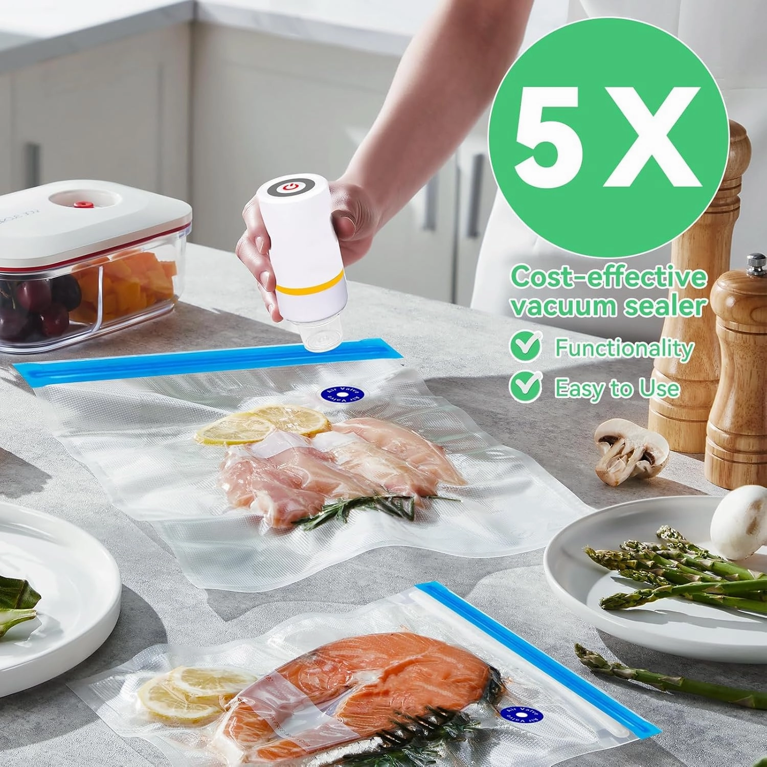Vacuum Sealer Set - 10 Reusable sous vide bags, portable handheld vacuum sealer for food, Cool Gray