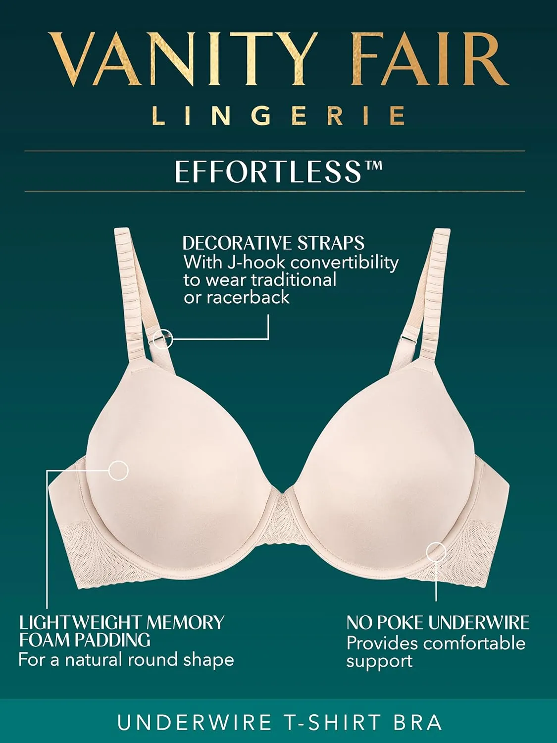 Vanity Fair Women's Effortless Underwire Bra, Buttery Soft Fabric & Lightweight Memory Foam Cups up to DD