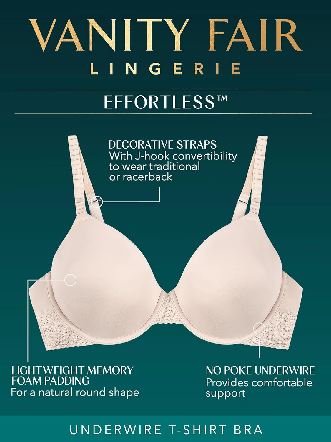 Vanity Fair Women's Effortless Underwire Bra, Buttery Soft Fabric & Lightweight Memory Foam Cups up to DD