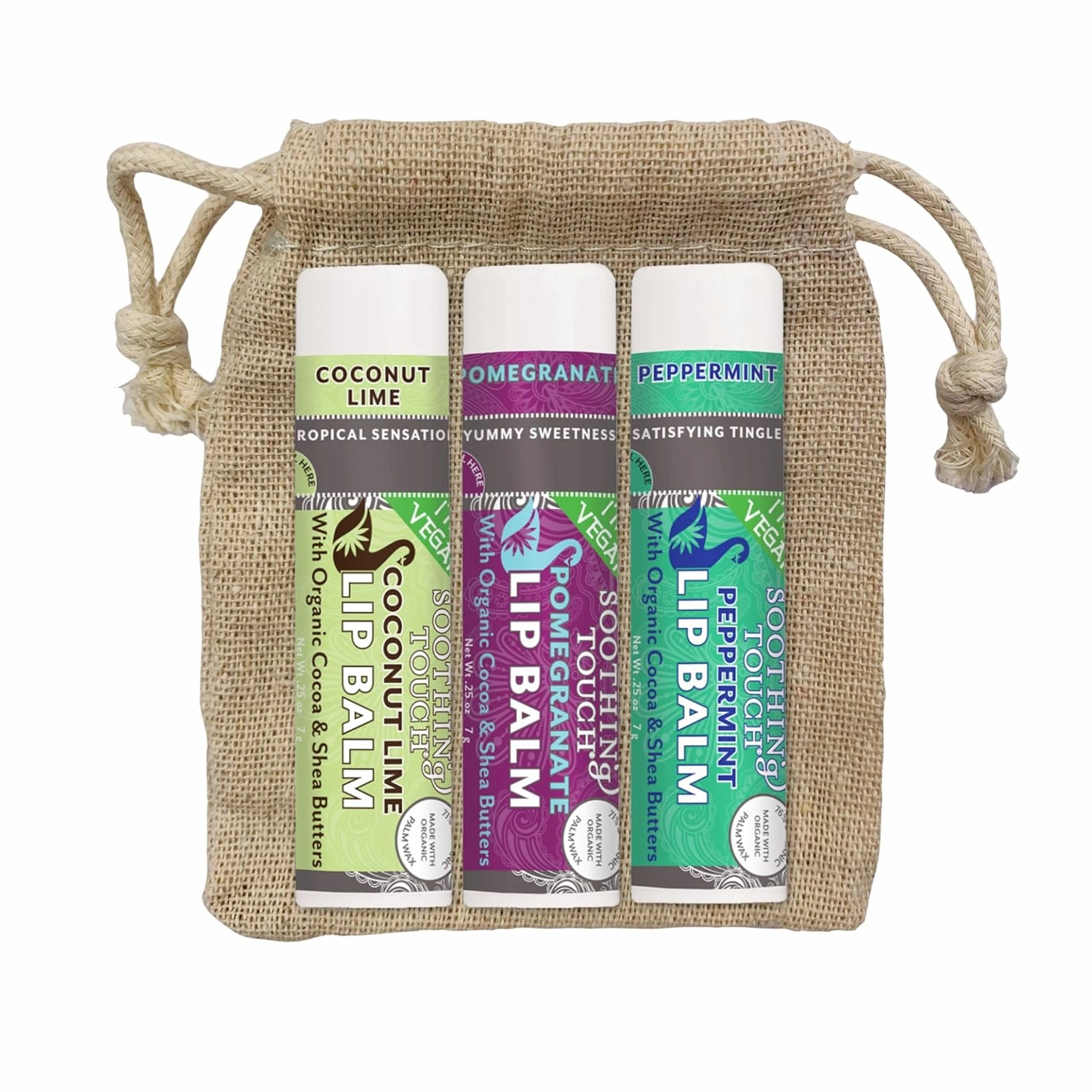 Vegan Lip Balm Set - Variety Pack of 3 Soothing Touch Lip Balms. Large 0.25 oz size. Includes Bonus Muslin Pouch (3 x 4 in) Unique Gift Bundle from Tiny Seed (Coconut Lime, Pomegranate, Peppermint)