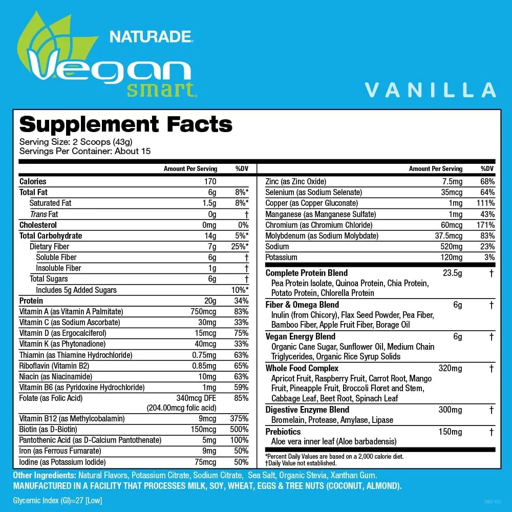 Vegansmart Naturade Plant Based Vegan Protein Powder - All-in-One Nutritional Shake Protein Blend - Gluten Free & Non-GMO - Vanilla (15 Servings)