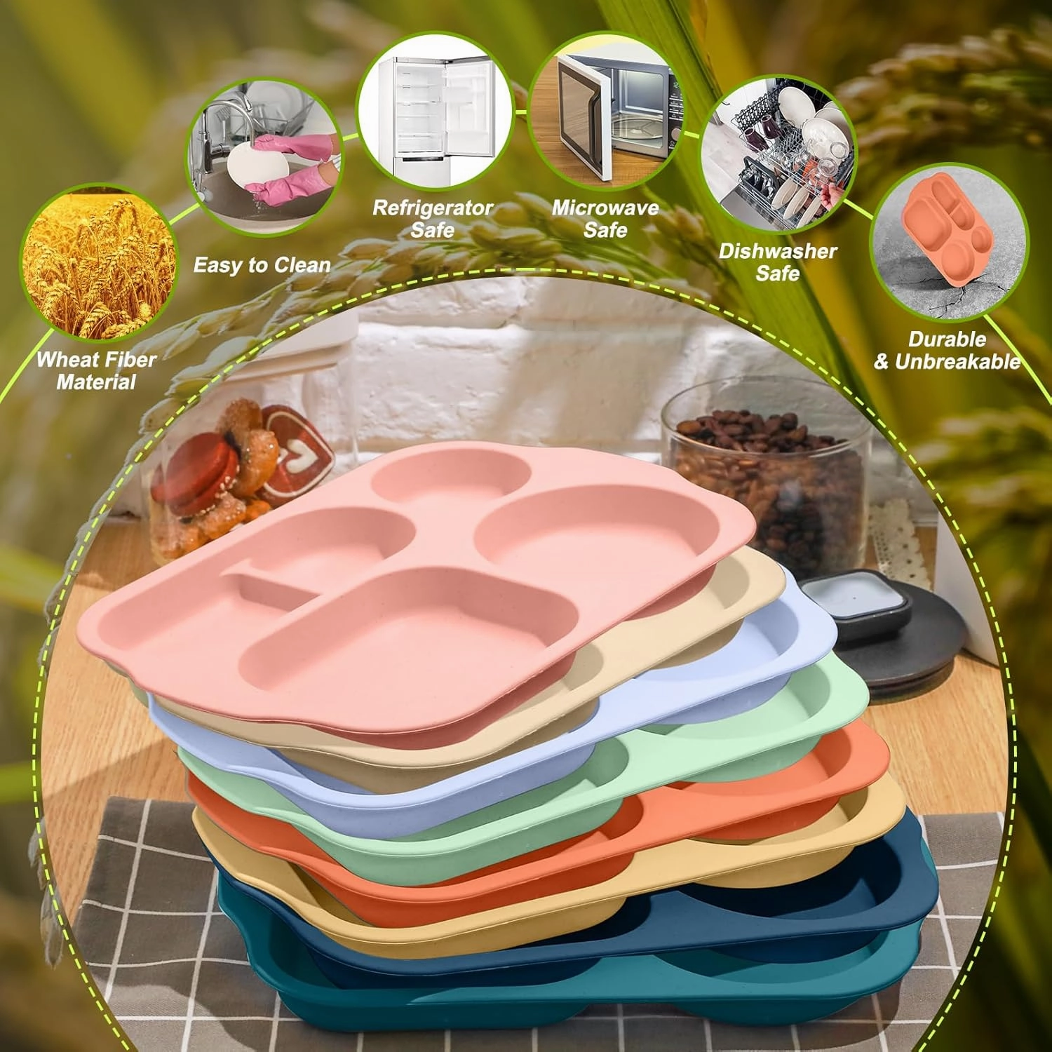 Vesici 8 Pcs Large 12 Inch Unbreakable Divided Plates for Kids Adults - Wheat Straw Tray - Microwave Dishwasher Safe - Reusable Plastic Compartment Plates(Multicolor)