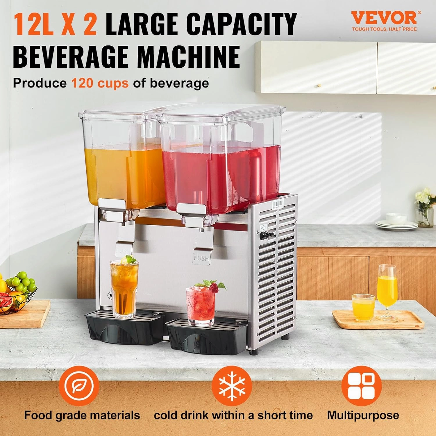 VEVOR Commercial Beverage Dispenser, 6.4 Gal,12L 2 Tanks Ice Tea Drink Machine, 280W 304 Stainless Steel Juice Dispenser with 41℉-53.6℉ Thermostat Controller, for Cold Drink Restaurant Hotel Party