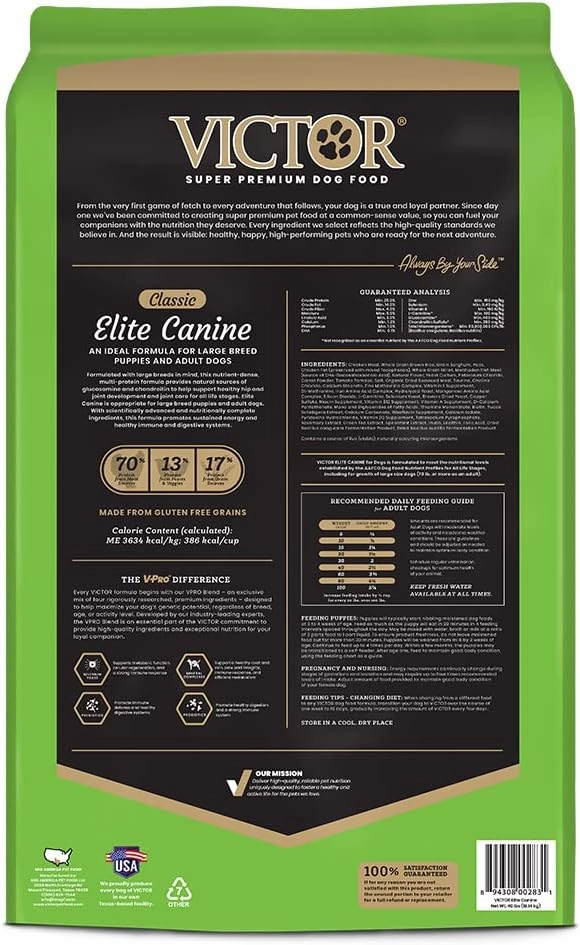 VICTOR Super Premium Dog Food – Elite Canine Dry Dog Food with Chicken & Fish Meal – 25% Protein, 14% Fat, Gluten Free – for Large Breed Dogs & Puppies, 40lbs