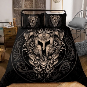 Viking Warrior Print Duvet Cover Vintage Bedding Set 3pcs, All Season Lightweight Microfiber Soft Comforter Cover with 2 Pillowcases, Bedroom Decor Home Textiles Amulet Gifts,Warrior b,Twin