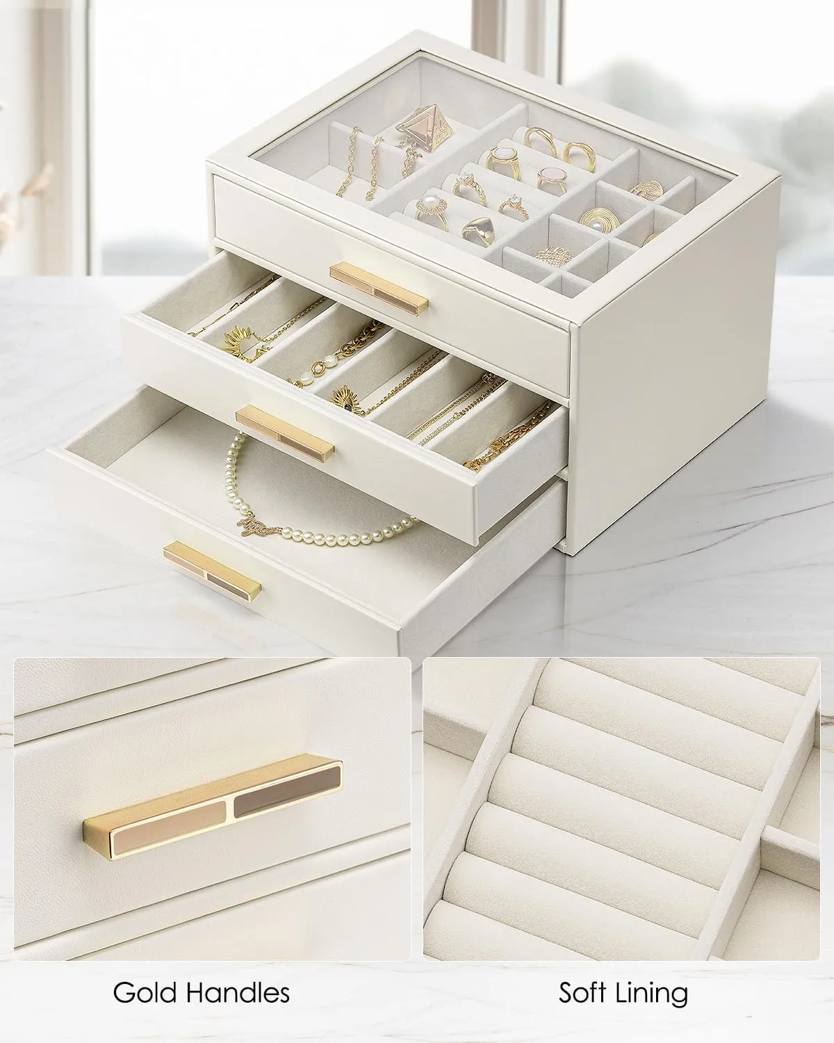 Vlando Jewelry Box for Women, Glass Lid Jewelry Organizer with 3 Drawers for Necklaces Rings Earrings Bracelets Mother Day Gift for Mom - Cloud White
