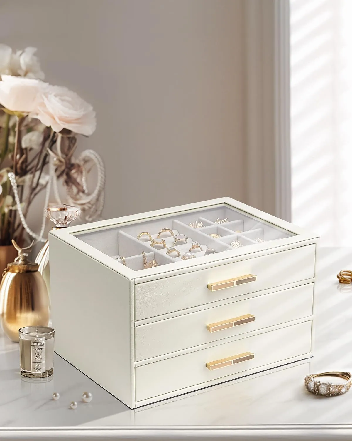 Vlando Jewelry Box for Women, Glass Lid Jewelry Organizer with 3 Drawers for Necklaces Rings Earrings Bracelets Mother Day Gift for Mom - Cloud White