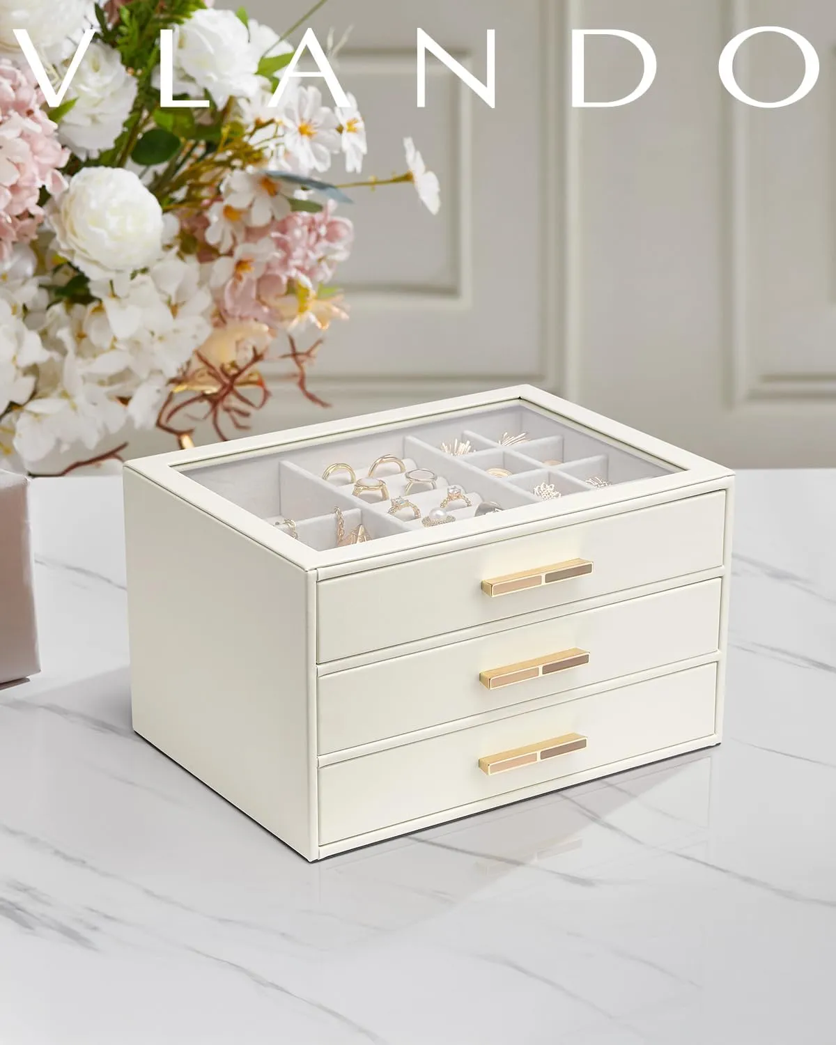 Vlando Jewelry Box for Women, Glass Lid Jewelry Organizer with 3 Drawers for Necklaces Rings Earrings Bracelets Mother Day Gift for Mom - Cloud White
