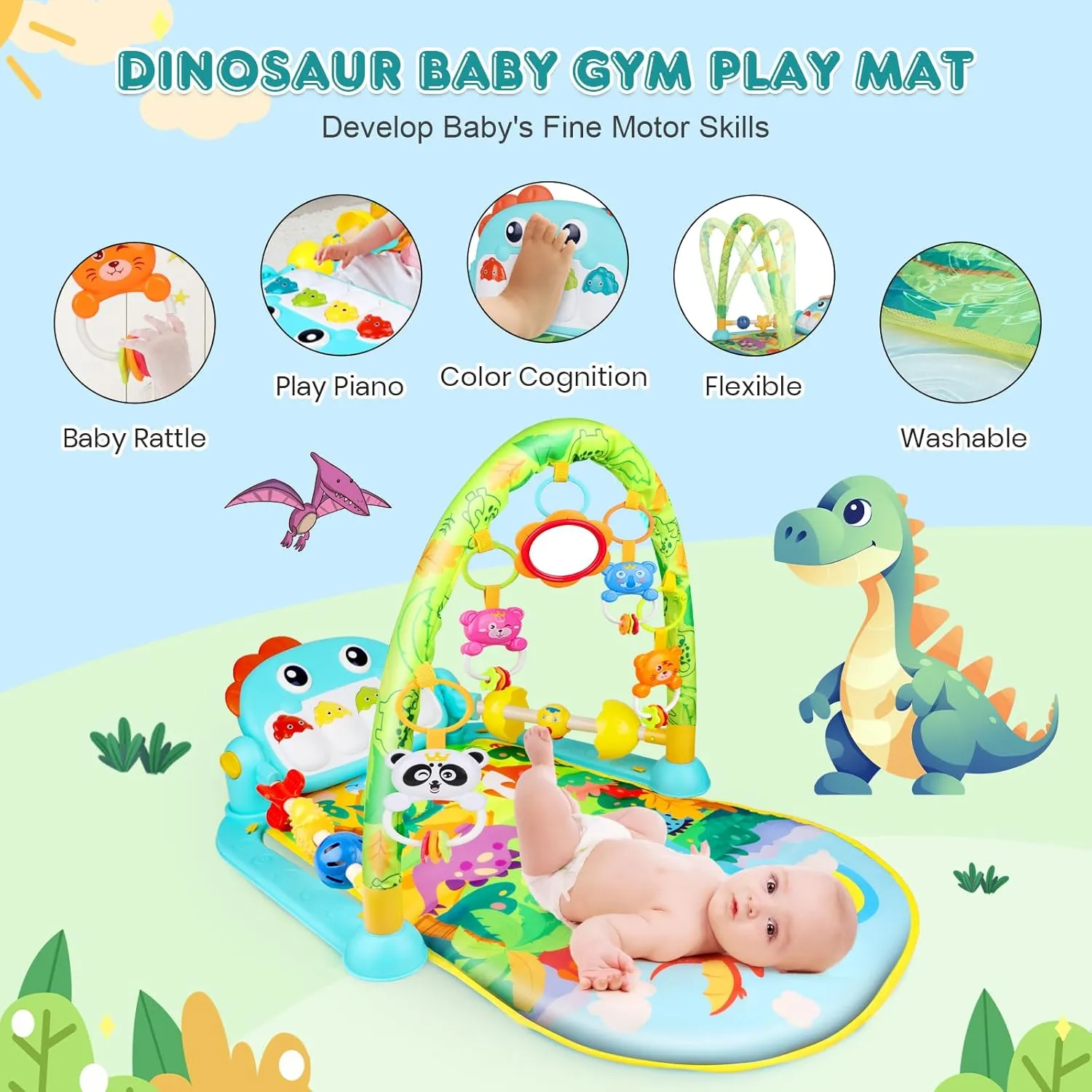 VZO Baby Gyms Play Mats, Infant Play Mat and Activity Gym, Baby Play Piano Gym Mat, Play Mats for Babies Newborns and Toddlers, Tummy Time Activity Mat Toys 0-3-6-12 Months (Dinosaur)