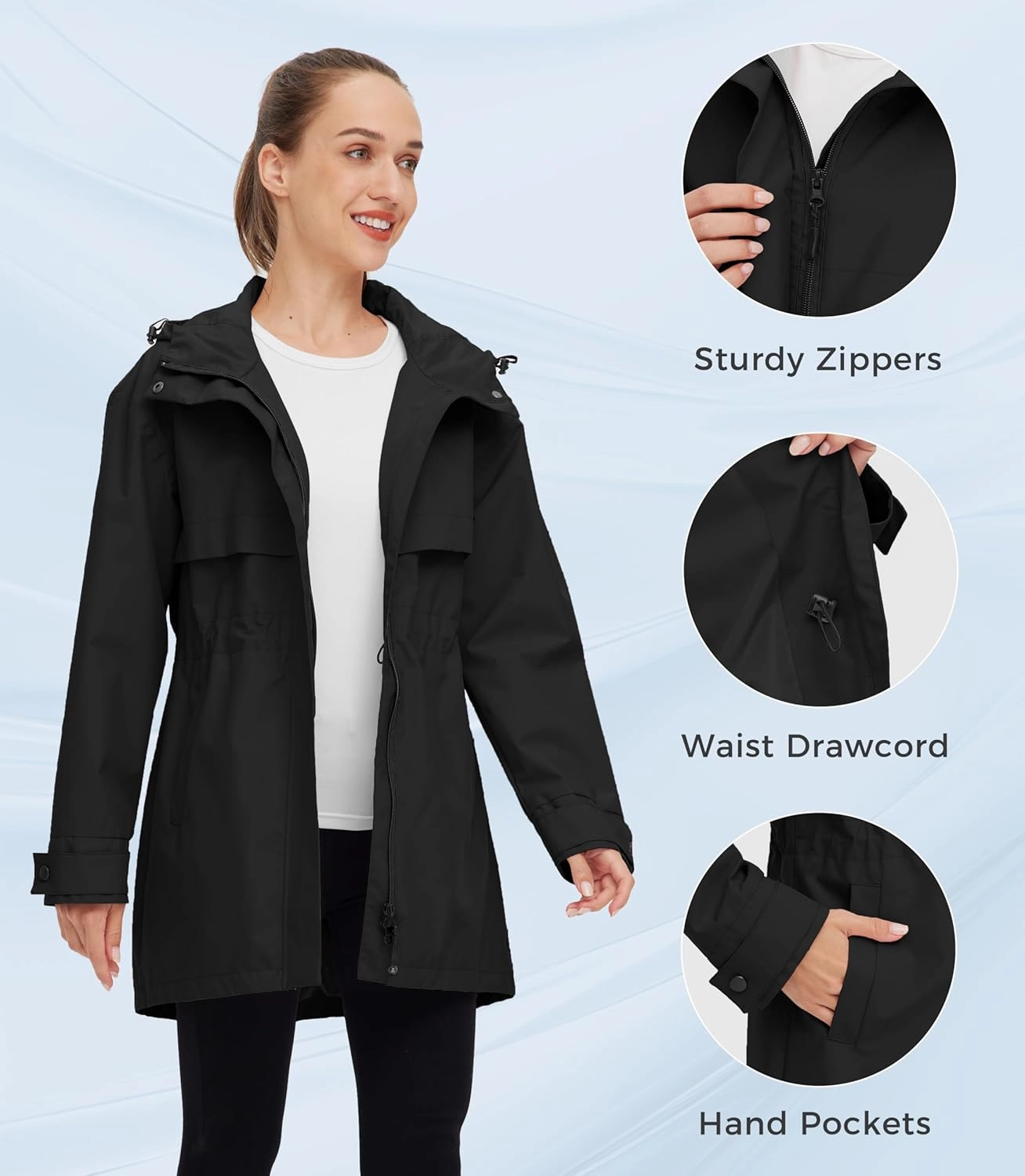 wantdo Women's Lightweight Rain Jackets Waterproof Long Raincoats with Hood Trench Coats Windbreaker
