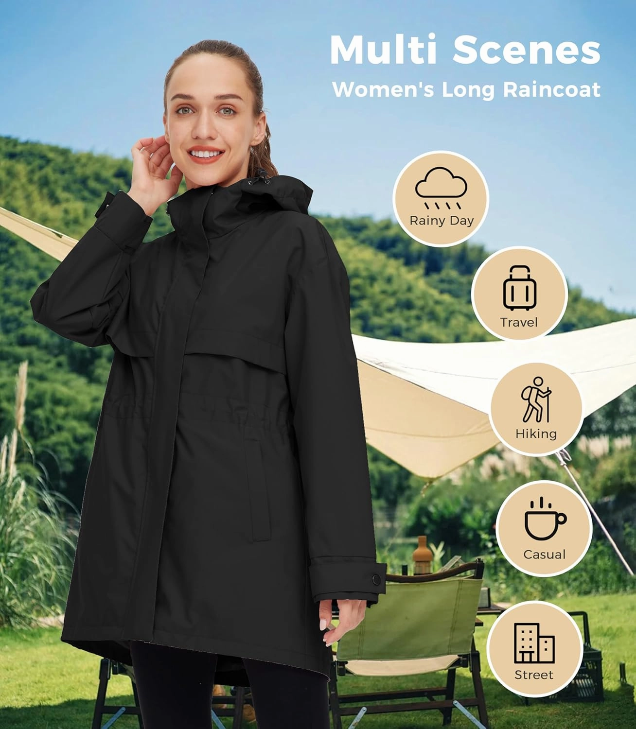 wantdo Women's Lightweight Rain Jackets Waterproof Long Raincoats with Hood Trench Coats Windbreaker