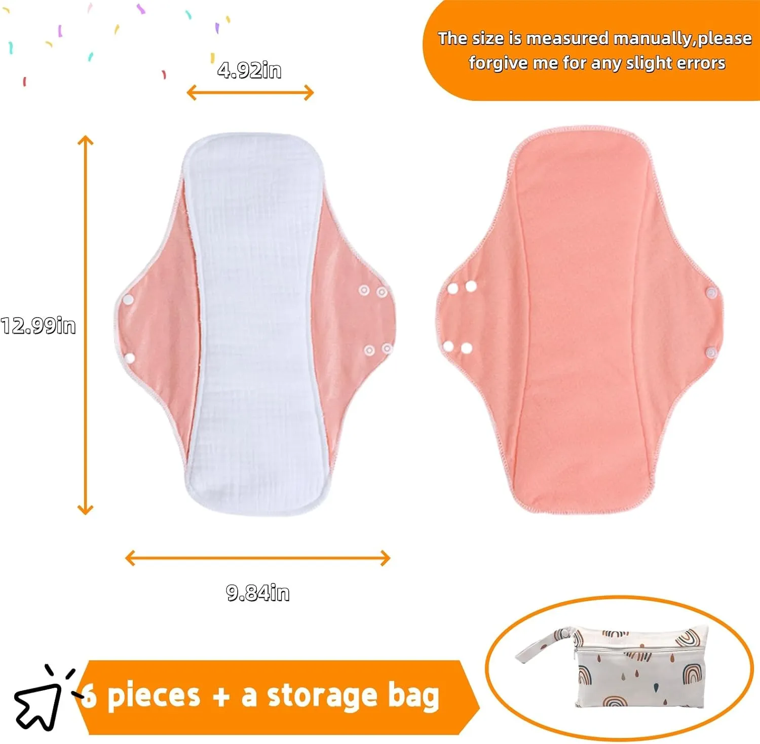 Washable Sanitary Napkins,Reusable Sanitary Pads,Heavy Incontinence Pads,Sanitary Napkin Set,7pcs/Set,Pack of 6 1 Storage Bag,Suitable for Heavy Menstrual Flow,Incontinence Patients