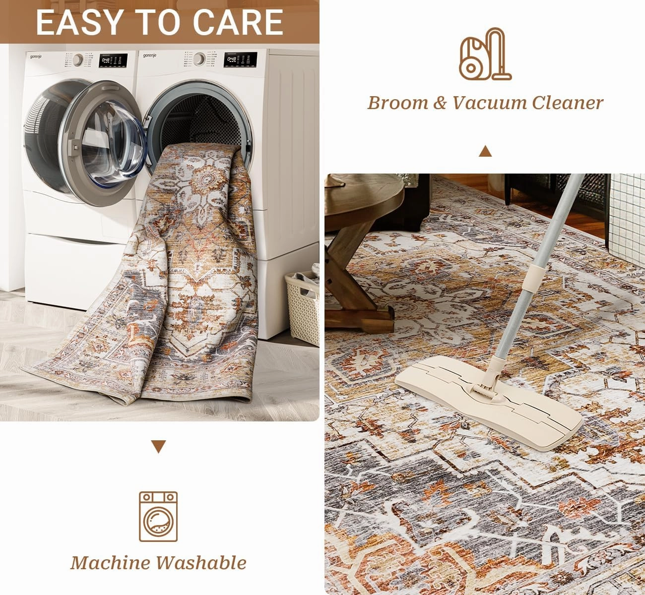 Washable Area Rug 8x10, Large Soft Rugs for Living Room Stain Resistant Non-Slip Backing Rugs for Bedroom, Vintage Clearance Large Area Rug (Turmeric/Grey,8'x10')